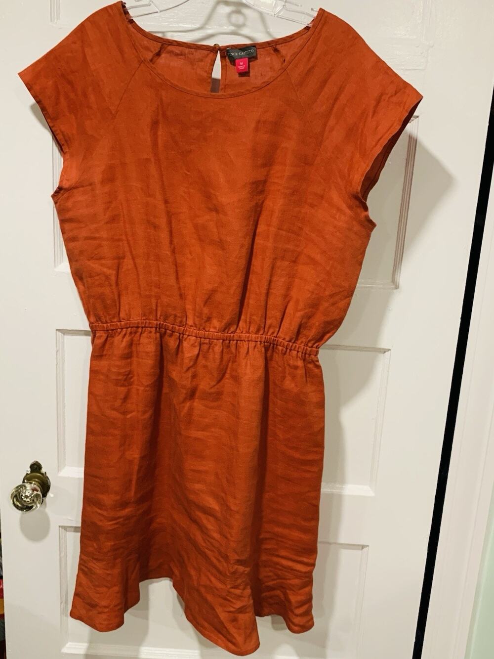 Vince Camuto 100% Linen Sleeveless Dress Blouson Large Orange Rust Ruffle Hem